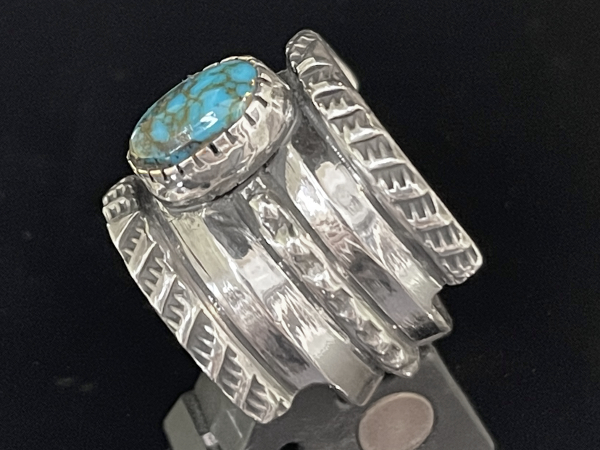 Classic Chisel Work Red Mountain Turquoise Coin Silver Ring by