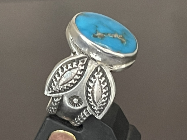 Stamped Coin Silver Ring with Blue Gem Turquoise by Perry Shorty