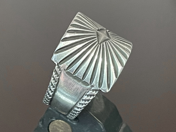 Stamped Sunburst Design Coin Silver Band Ring by Perry Shorty