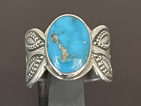 Stamped Coin Silver Ring with Blue Gem Turquoise by Perry Shorty