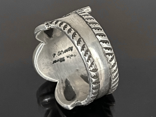 Stamped Coin Silver Ring with Blue Gem Turquoise by Perry Shorty