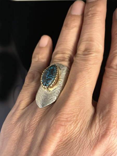 Tufa Cast Lander Blue Turquoise V-Shaped Ring by Sonwai/リング