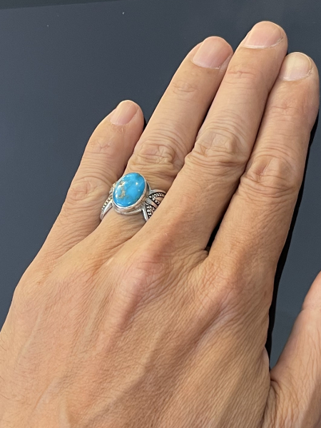 Stamped Coin Silver Ring with Blue Gem Turquoise by Perry